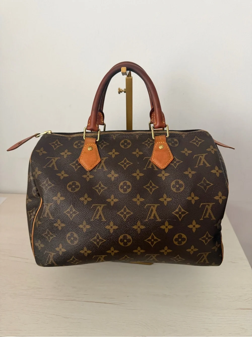 Louis Vuitton Brown Monogram Canvas Satchel with Tan Trim and Gold Hardware